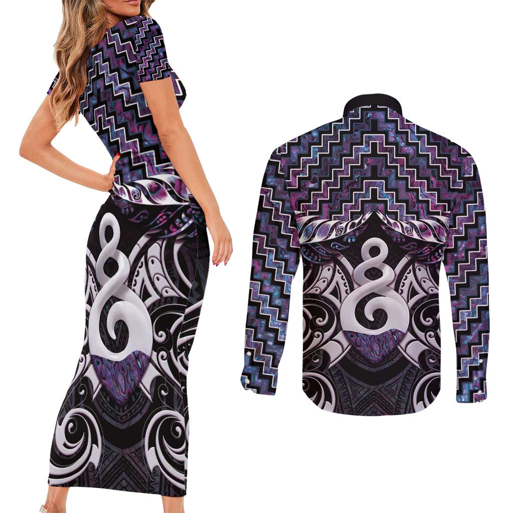New Zealand Maori Couples Matching Short Sleeve Bodycon Dress and Long Sleeve Button Shirt Poutama Pikorua Purple Paua Shell LT05 - Polynesian Pride