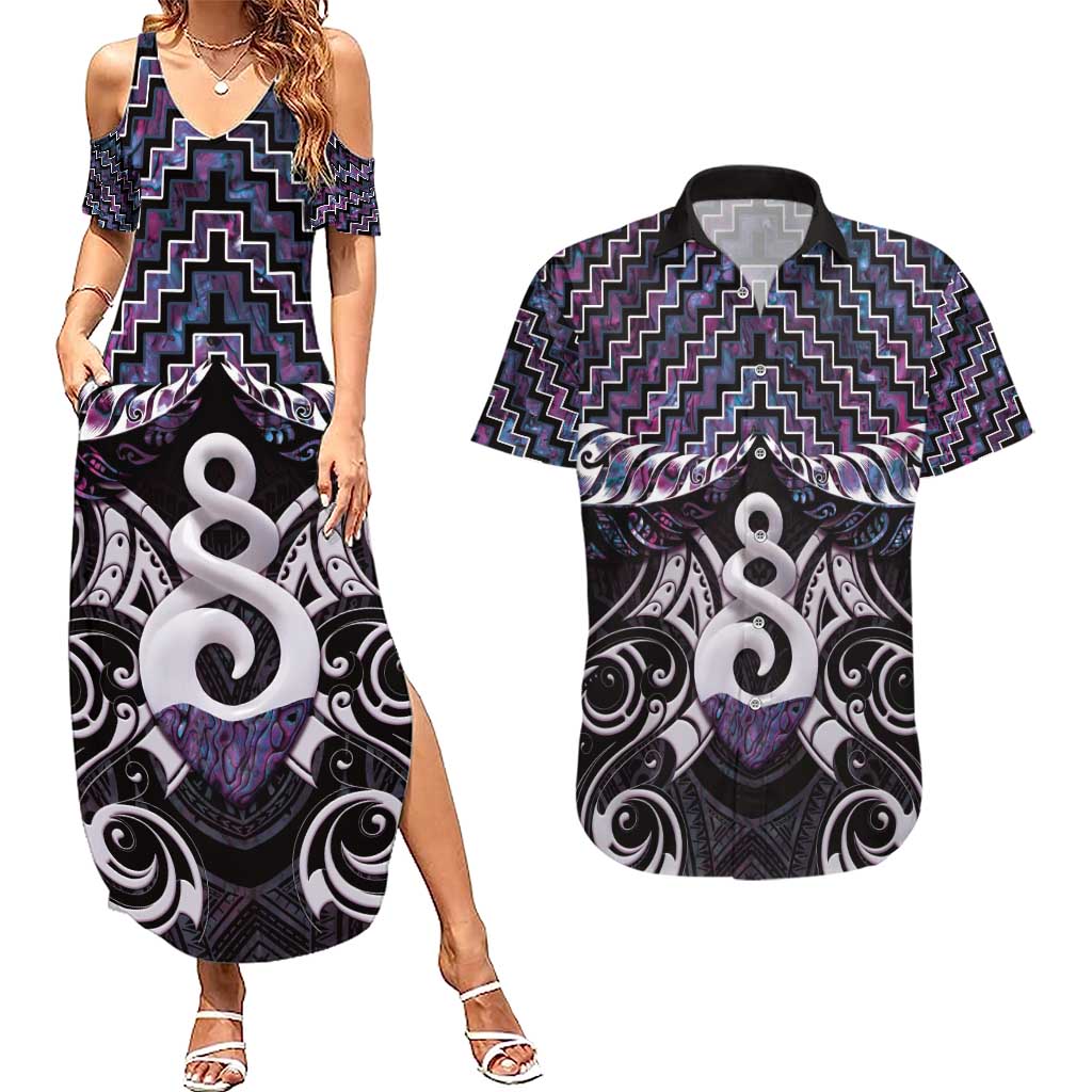 New Zealand Maori Couples Matching Summer Maxi Dress and Hawaiian Shirt Poutama Pikorua Purple Paua Shell LT05 Purple - Polynesian Pride