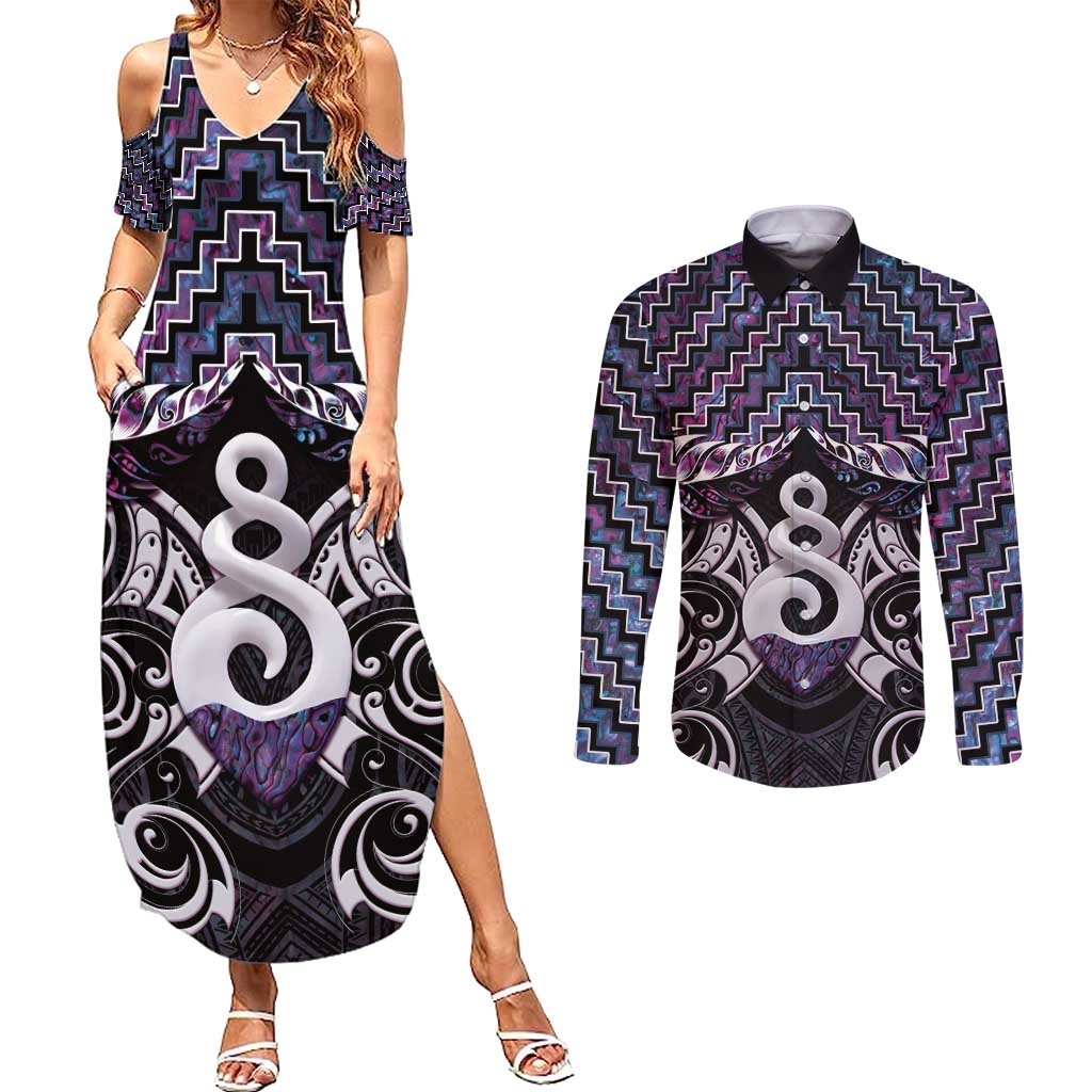 New Zealand Maori Couples Matching Summer Maxi Dress and Long Sleeve Button Shirt Poutama Pikorua Purple Paua Shell LT05 Purple - Polynesian Pride