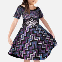 New Zealand Maori Family Matching Off The Shoulder Long Sleeve Dress and Hawaiian Shirt Poutama Pikorua Purple Paua Shell LT05 Daughter's Dress Purple - Polynesian Pride