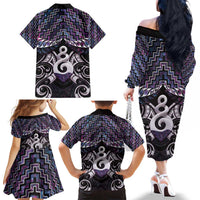New Zealand Maori Family Matching Off The Shoulder Long Sleeve Dress and Hawaiian Shirt Poutama Pikorua Purple Paua Shell LT05 - Polynesian Pride
