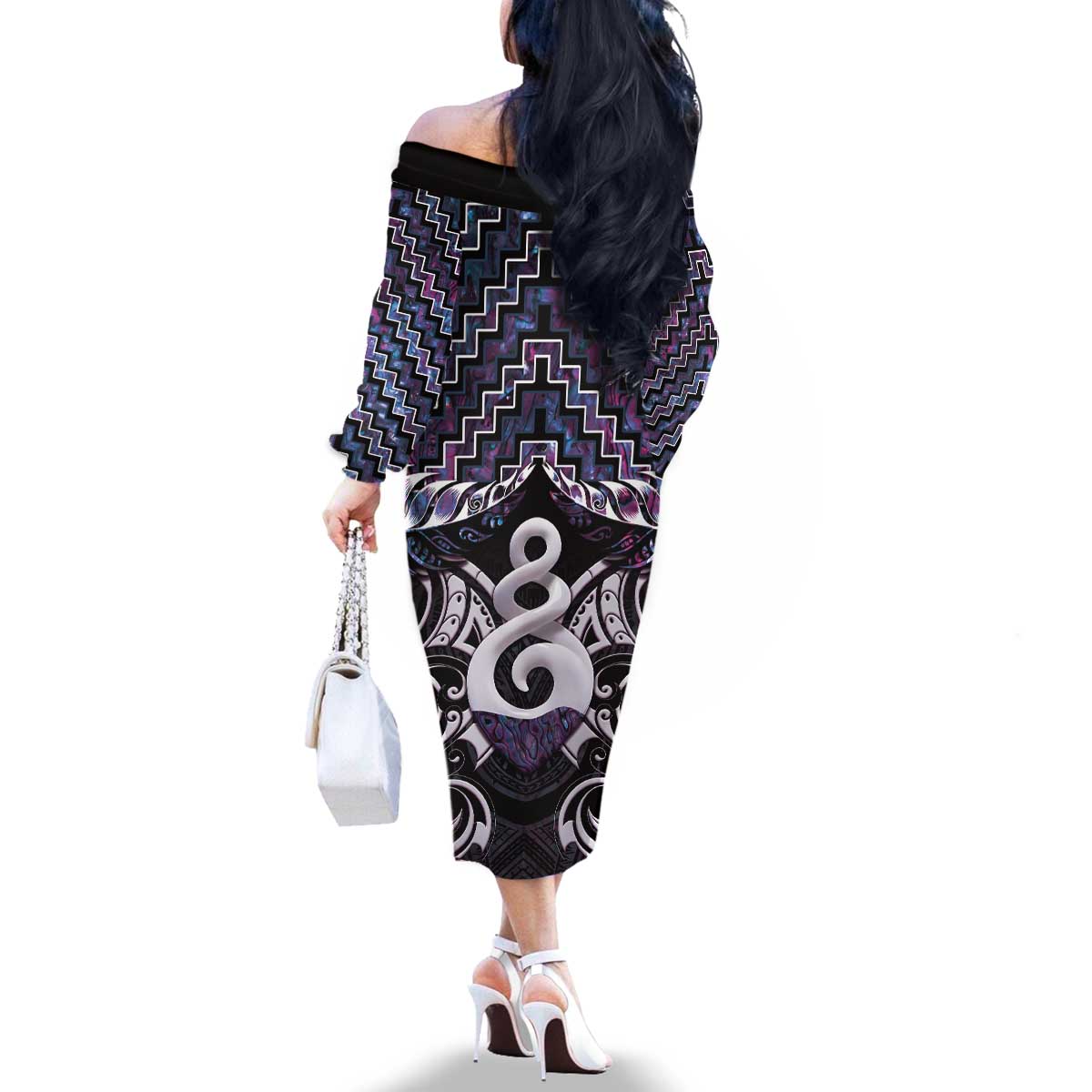 New Zealand Maori Family Matching Off The Shoulder Long Sleeve Dress and Hawaiian Shirt Poutama Pikorua Purple Paua Shell LT05 - Polynesian Pride