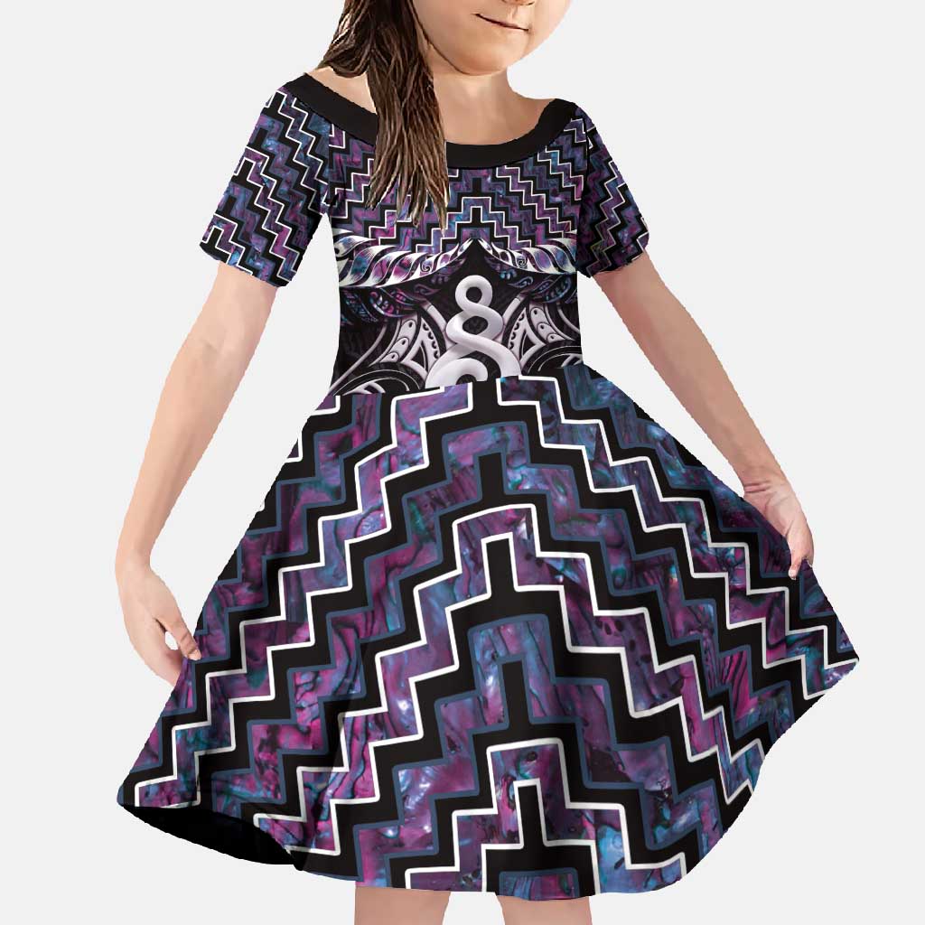 New Zealand Maori Family Matching Off Shoulder Maxi Dress and Hawaiian Shirt Poutama Pikorua Purple Paua Shell LT05 Daughter's Dress Purple - Polynesian Pride