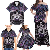 New Zealand Maori Family Matching Off Shoulder Maxi Dress and Hawaiian Shirt Poutama Pikorua Purple Paua Shell LT05 - Polynesian Pride