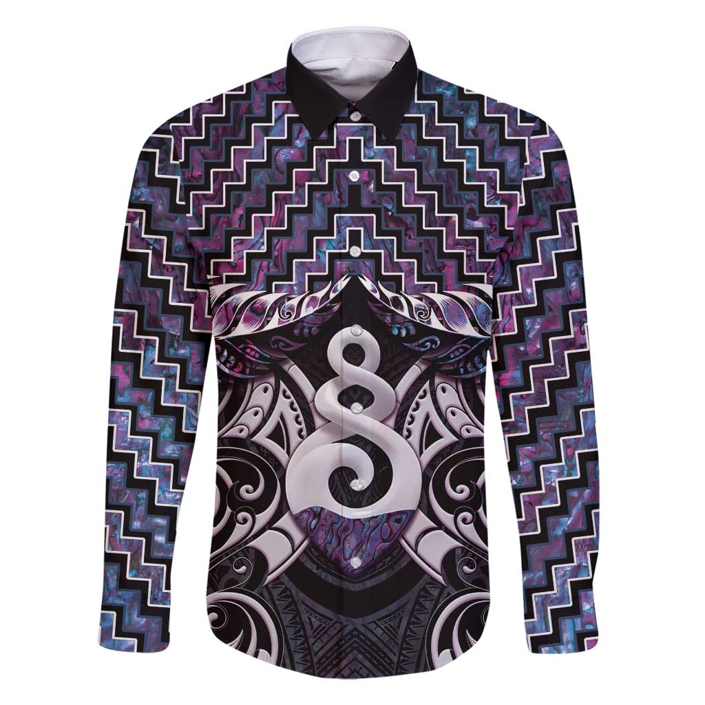 New Zealand Maori Family Matching Off Shoulder Maxi Dress and Hawaiian Shirt Poutama Pikorua Purple Paua Shell LT05 Dad's Shirt - Long Sleeve Purple - Polynesian Pride