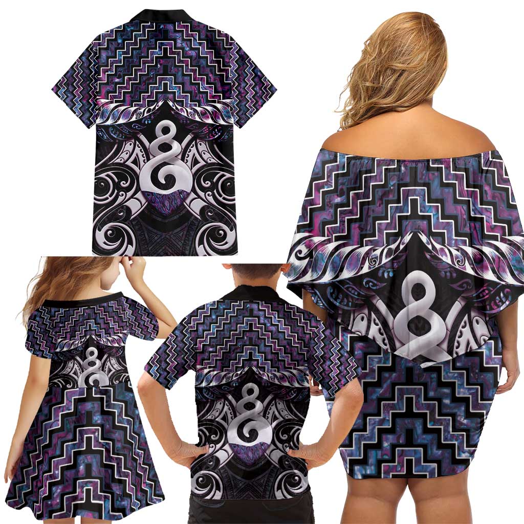 New Zealand Maori Family Matching Off Shoulder Short Dress and Hawaiian Shirt Poutama Pikorua Purple Paua Shell LT05 - Polynesian Pride