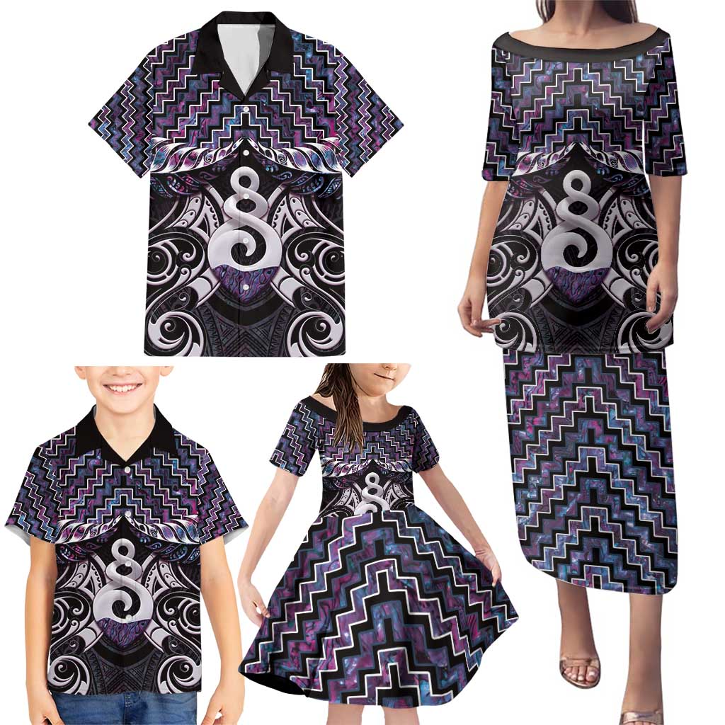New Zealand Maori Family Matching Puletasi and Hawaiian Shirt Poutama Pikorua Purple Paua Shell LT05 - Polynesian Pride
