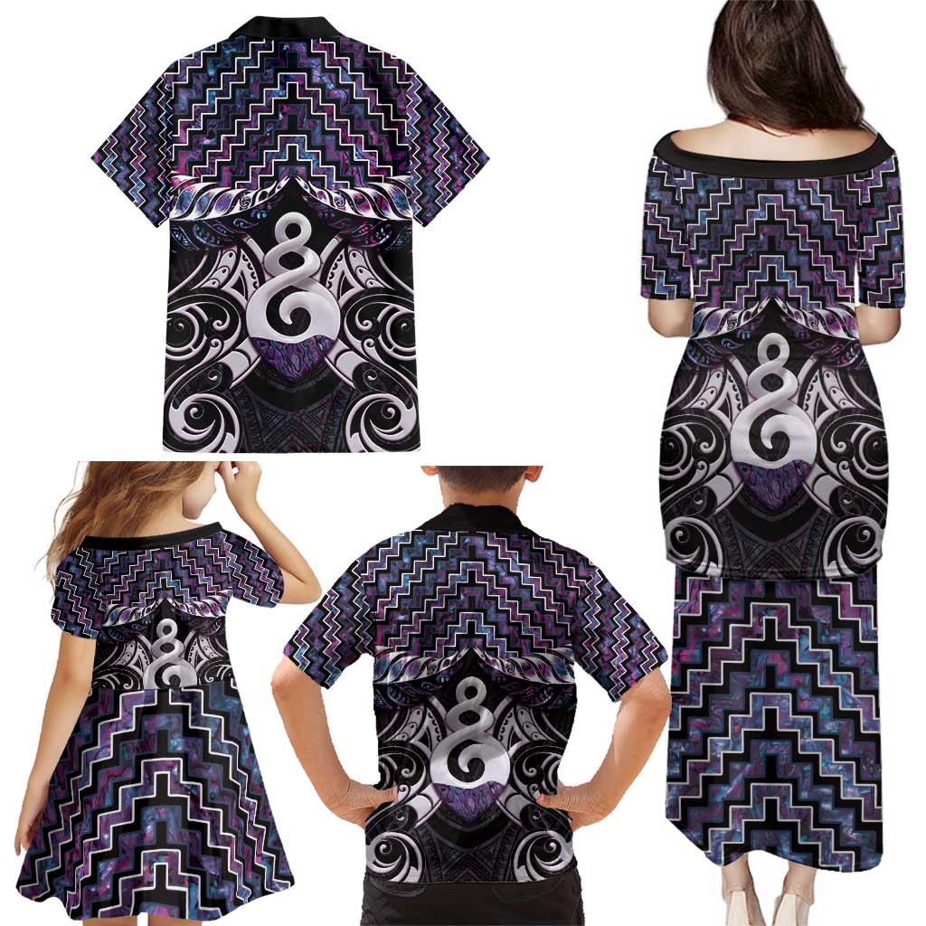 New Zealand Maori Family Matching Puletasi and Hawaiian Shirt Poutama Pikorua Purple Paua Shell LT05 - Polynesian Pride