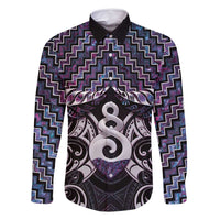 New Zealand Maori Family Matching Summer Maxi Dress and Hawaiian Shirt Poutama Pikorua Purple Paua Shell LT05 Dad's Shirt - Long Sleeve Purple - Polynesian Pride