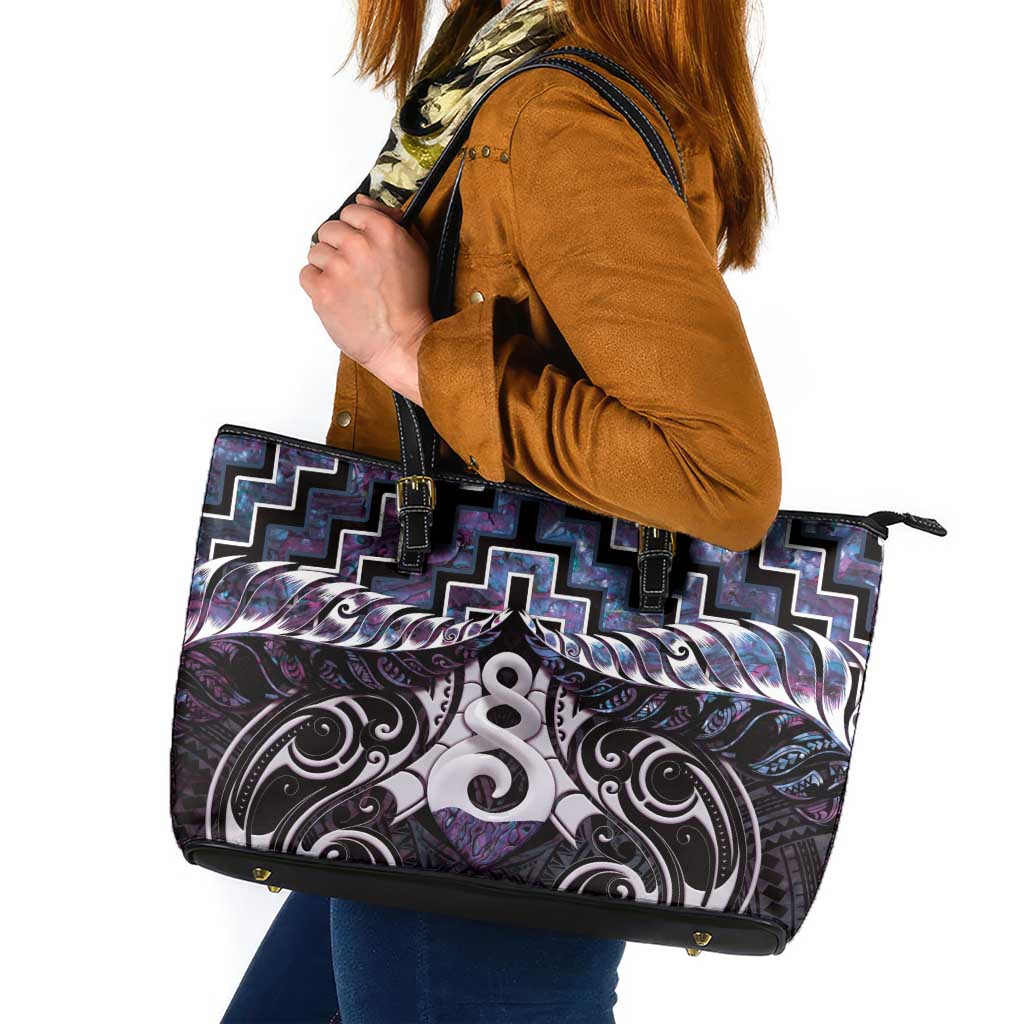 New Zealand Maori Leather Tote Bag Poutama Pikorua Purple Paua Shell LT05 Purple - Polynesian Pride