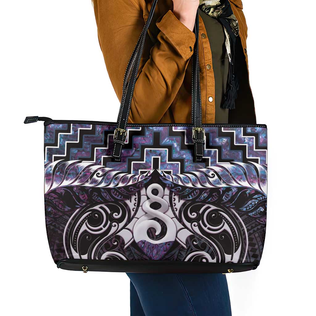 New Zealand Maori Leather Tote Bag Poutama Pikorua Purple Paua Shell LT05 - Polynesian Pride