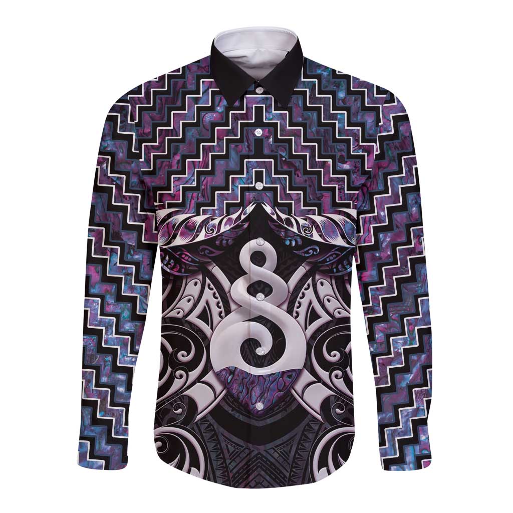 New Zealand Maori Long Sleeve Button Shirt Poutama Pikorua Purple Paua Shell LT05 Unisex Purple - Polynesian Pride