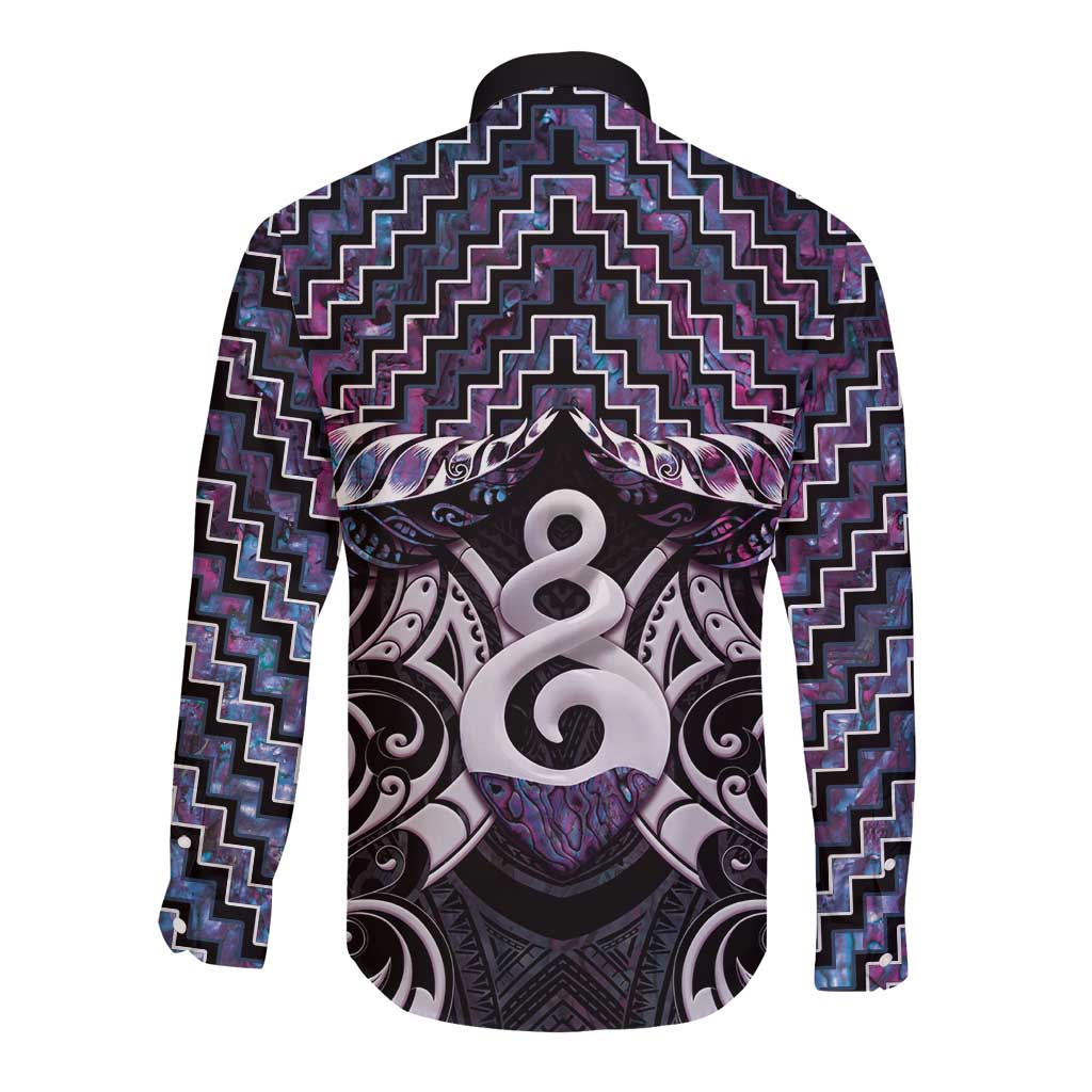 New Zealand Maori Long Sleeve Button Shirt Poutama Pikorua Purple Paua Shell LT05 - Polynesian Pride