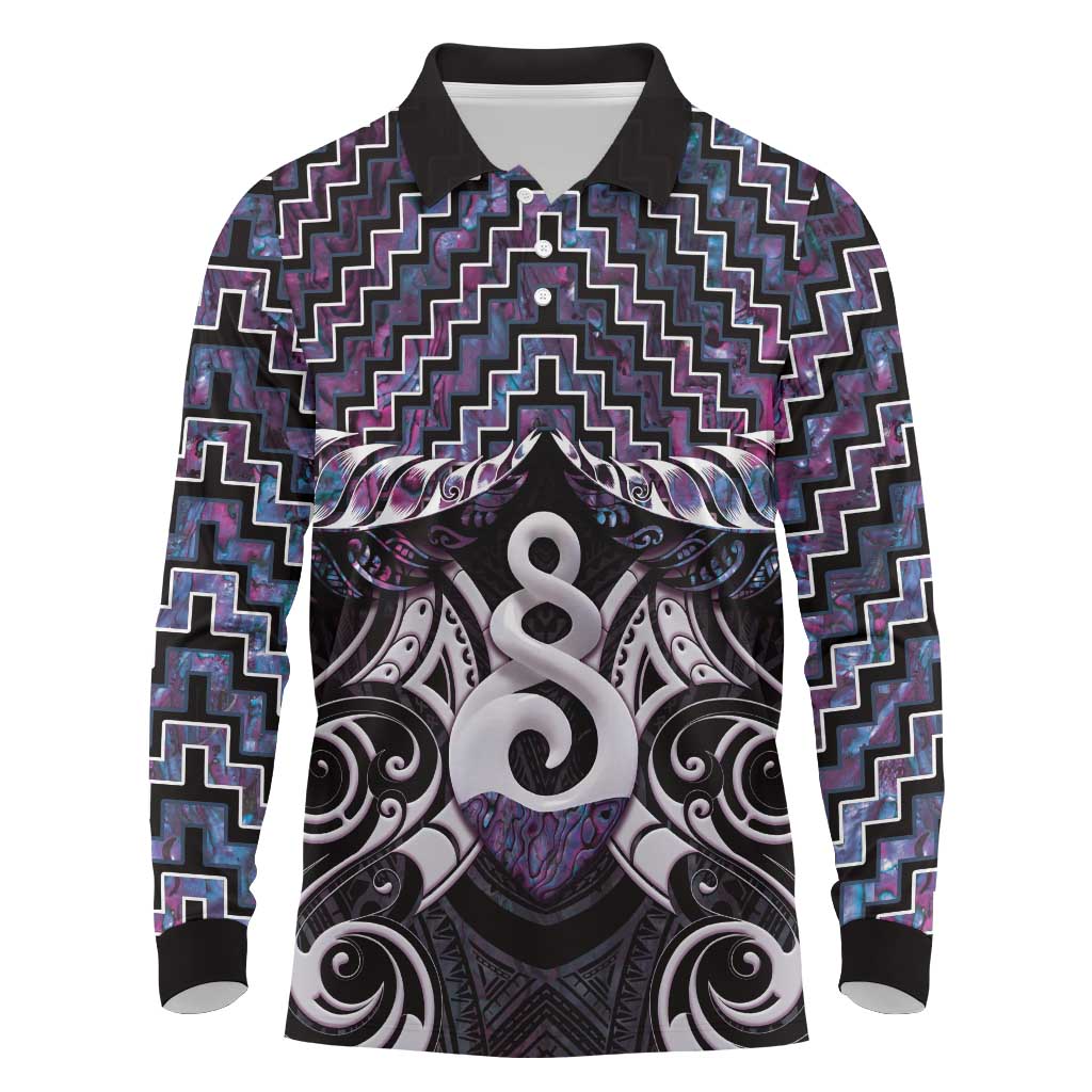 New Zealand Maori Long Sleeve Polo Shirt Poutama Pikorua Purple Paua Shell LT05 Purple - Polynesian Pride