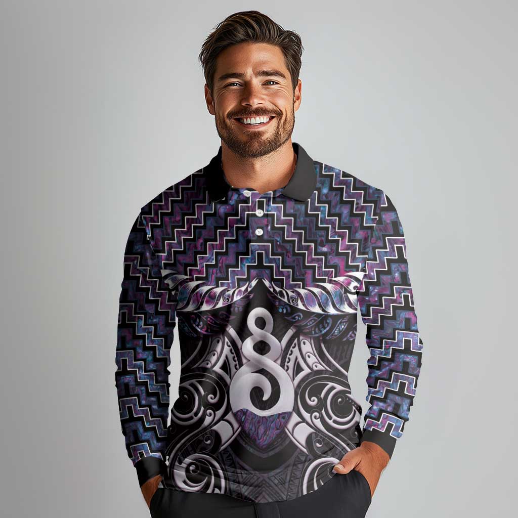 New Zealand Maori Long Sleeve Polo Shirt Poutama Pikorua Purple Paua Shell LT05 - Polynesian Pride
