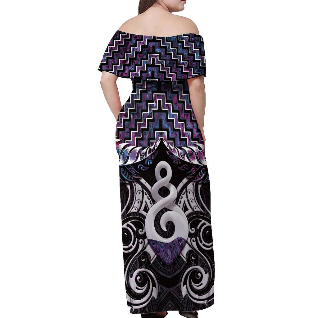 New Zealand Maori Off Shoulder Maxi Dress Poutama Pikorua Purple Paua Shell LT05 - Polynesian Pride