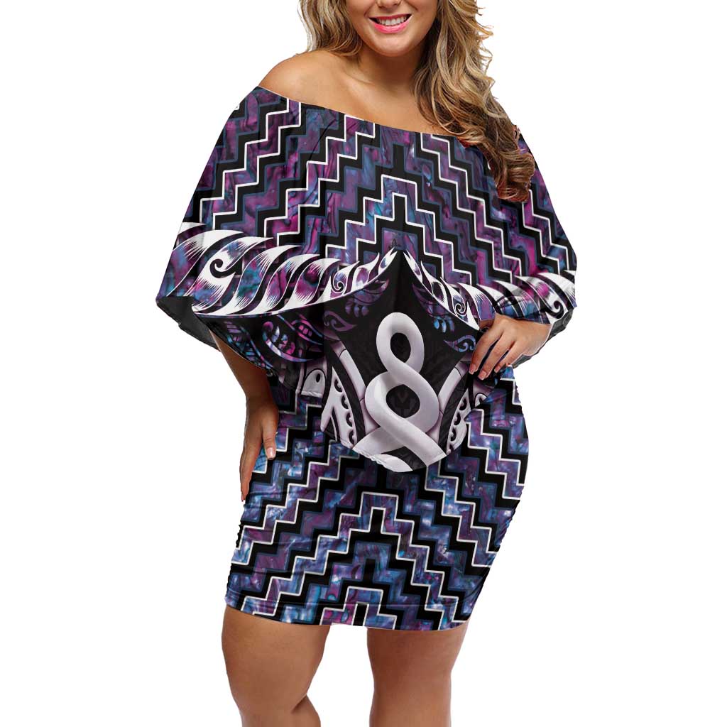 New Zealand Maori Off Shoulder Short Dress Poutama Pikorua Purple Paua Shell LT05 Women Purple - Polynesian Pride