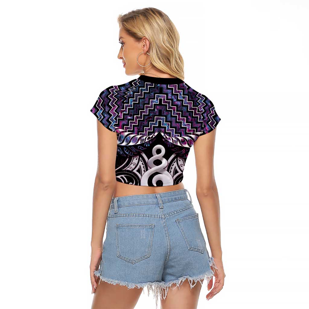 New Zealand Maori Raglan Cropped T Shirt Poutama Pikorua Purple Paua Shell LT05 - Polynesian Pride