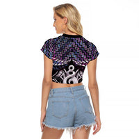 New Zealand Maori Raglan Cropped T Shirt Poutama Pikorua Purple Paua Shell LT05 - Polynesian Pride