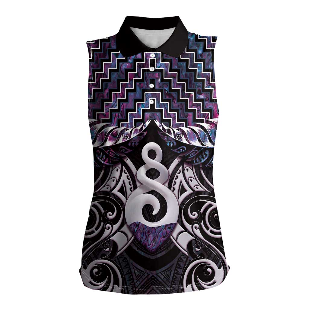 New Zealand Maori Women Sleeveless Polo Shirt Poutama Pikorua Purple Paua Shell LT05 Female Purple - Polynesian Pride