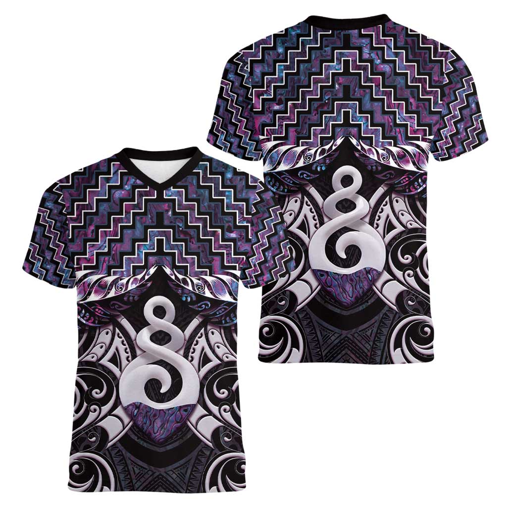 New Zealand Maori Women V-Neck T-Shirt Poutama Pikorua Purple Paua Shell LT05 - Polynesian Pride