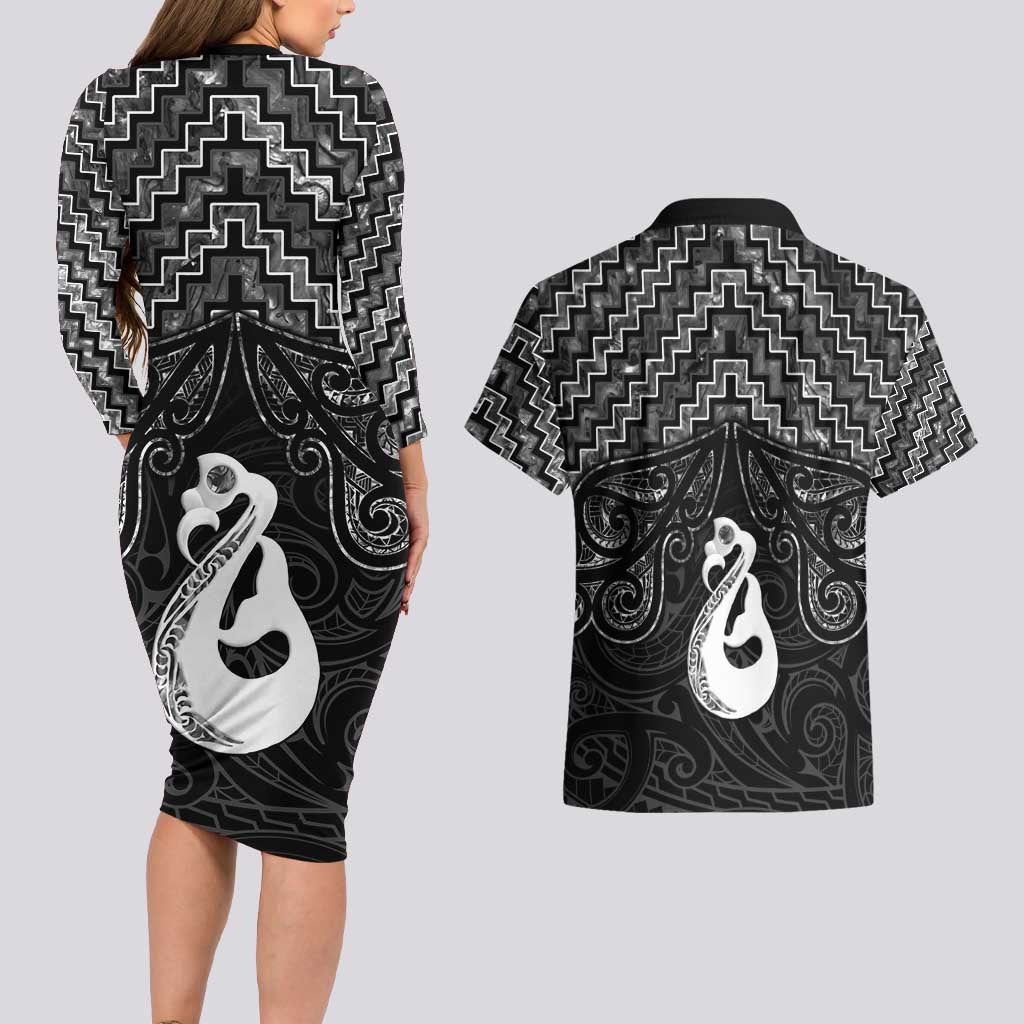 New Zealand Maori Couples Matching Long Sleeve Bodycon Dress and Hawaiian Shirt Poutama Manaia Black Paua Shell LT05 - Polynesian Pride