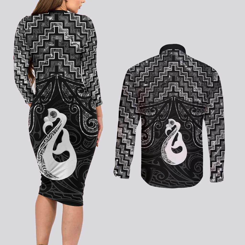New Zealand Maori Couples Matching Long Sleeve Bodycon Dress and Long Sleeve Button Shirt Poutama Manaia Black Paua Shell LT05 - Polynesian Pride