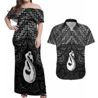 New Zealand Maori Couples Matching Off Shoulder Maxi Dress and Hawaiian Shirt Poutama Manaia Black Paua Shell LT05 Black - Polynesian Pride