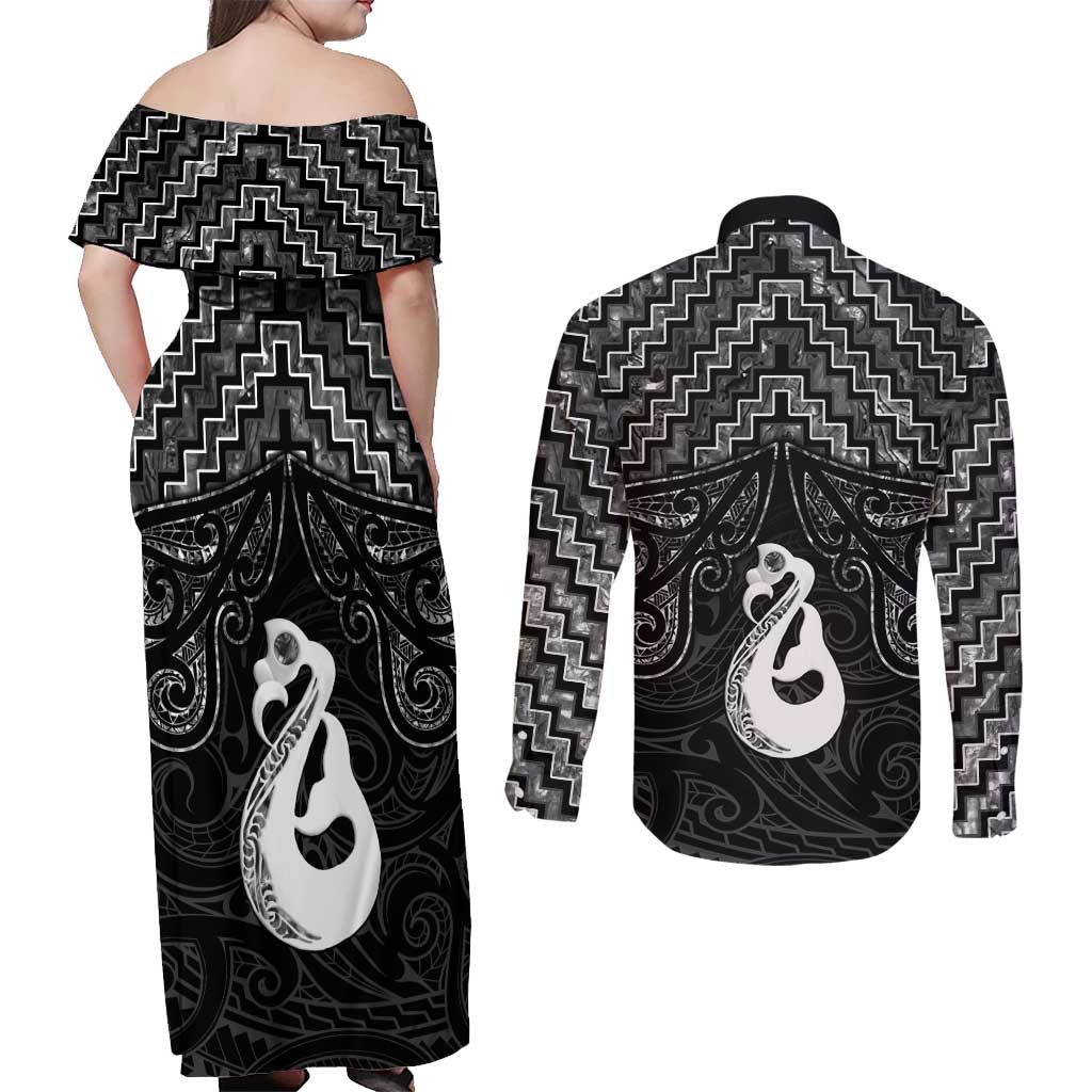 New Zealand Maori Couples Matching Off Shoulder Maxi Dress and Long Sleeve Button Shirt Poutama Manaia Black Paua Shell LT05 - Polynesian Pride