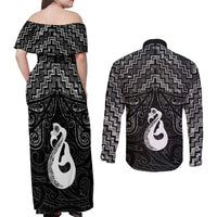 New Zealand Maori Couples Matching Off Shoulder Maxi Dress and Long Sleeve Button Shirt Poutama Manaia Black Paua Shell LT05 - Polynesian Pride