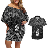 New Zealand Maori Couples Matching Off Shoulder Short Dress and Hawaiian Shirt Poutama Manaia Black Paua Shell LT05 Black - Polynesian Pride