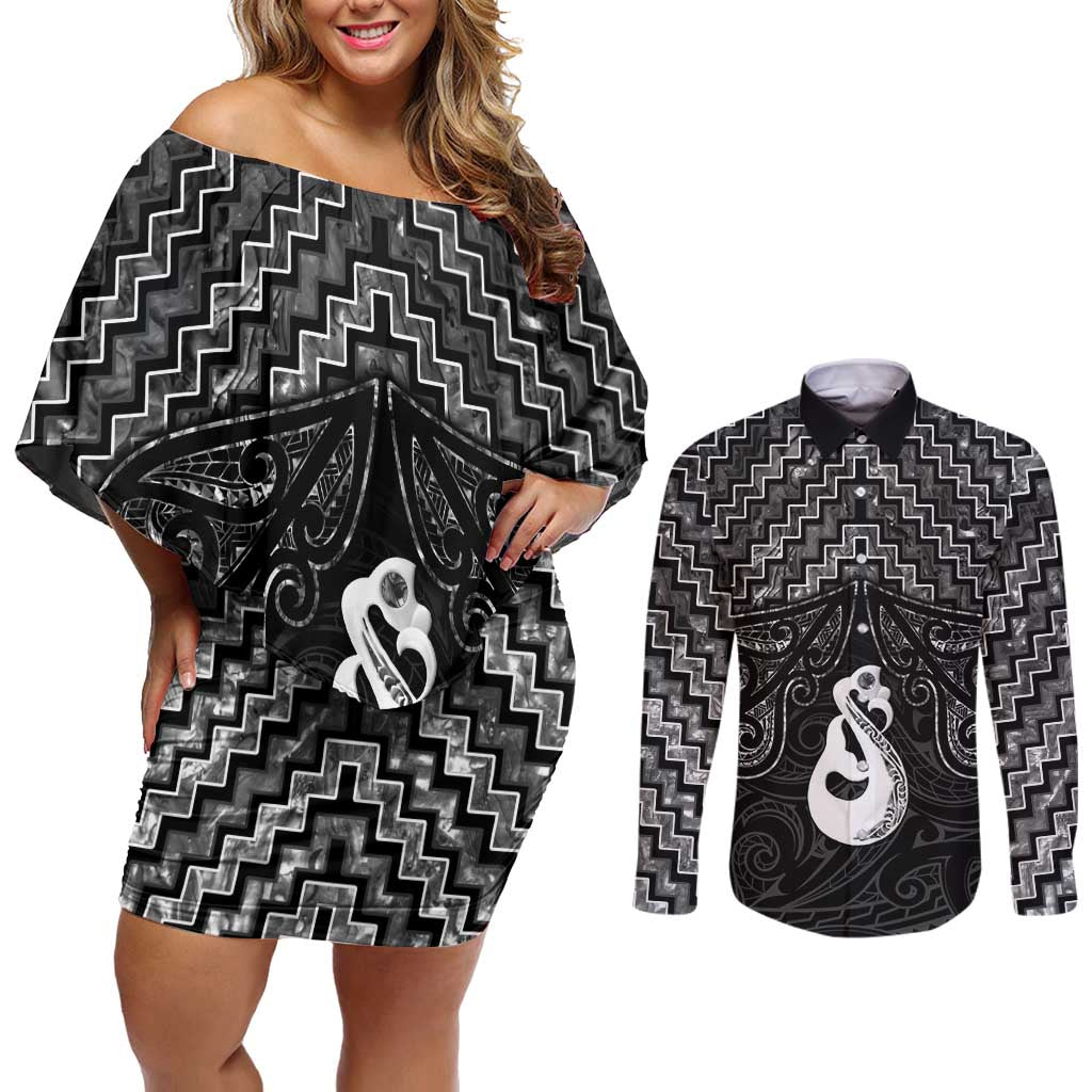New Zealand Maori Couples Matching Off Shoulder Short Dress and Long Sleeve Button Shirt Poutama Manaia Black Paua Shell LT05 Black - Polynesian Pride