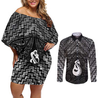 New Zealand Maori Couples Matching Off Shoulder Short Dress and Long Sleeve Button Shirt Poutama Manaia Black Paua Shell LT05 Black - Polynesian Pride
