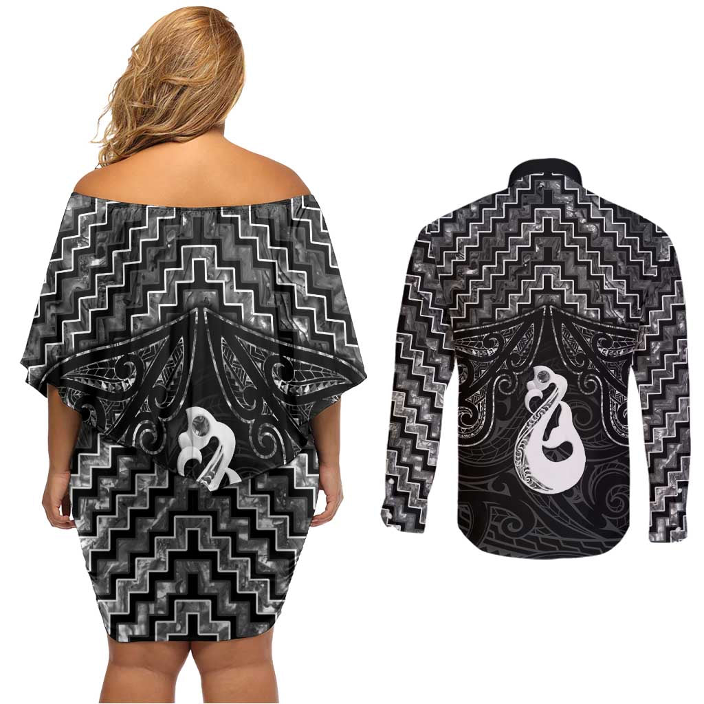 New Zealand Maori Couples Matching Off Shoulder Short Dress and Long Sleeve Button Shirt Poutama Manaia Black Paua Shell LT05 - Polynesian Pride