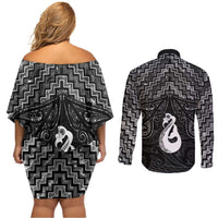 New Zealand Maori Couples Matching Off Shoulder Short Dress and Long Sleeve Button Shirt Poutama Manaia Black Paua Shell LT05 - Polynesian Pride