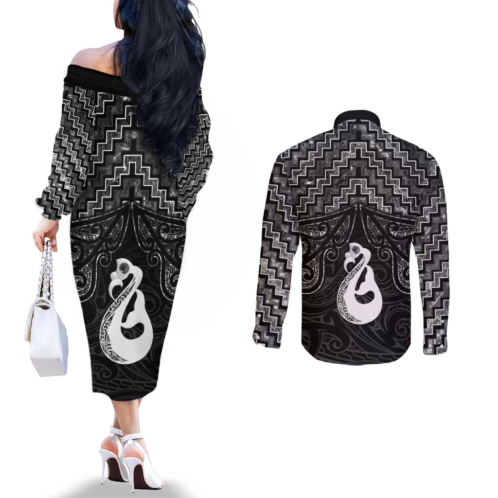 New Zealand Maori Couples Matching Off The Shoulder Long Sleeve Dress and Long Sleeve Button Shirt Poutama Manaia Black Paua Shell LT05 - Polynesian Pride