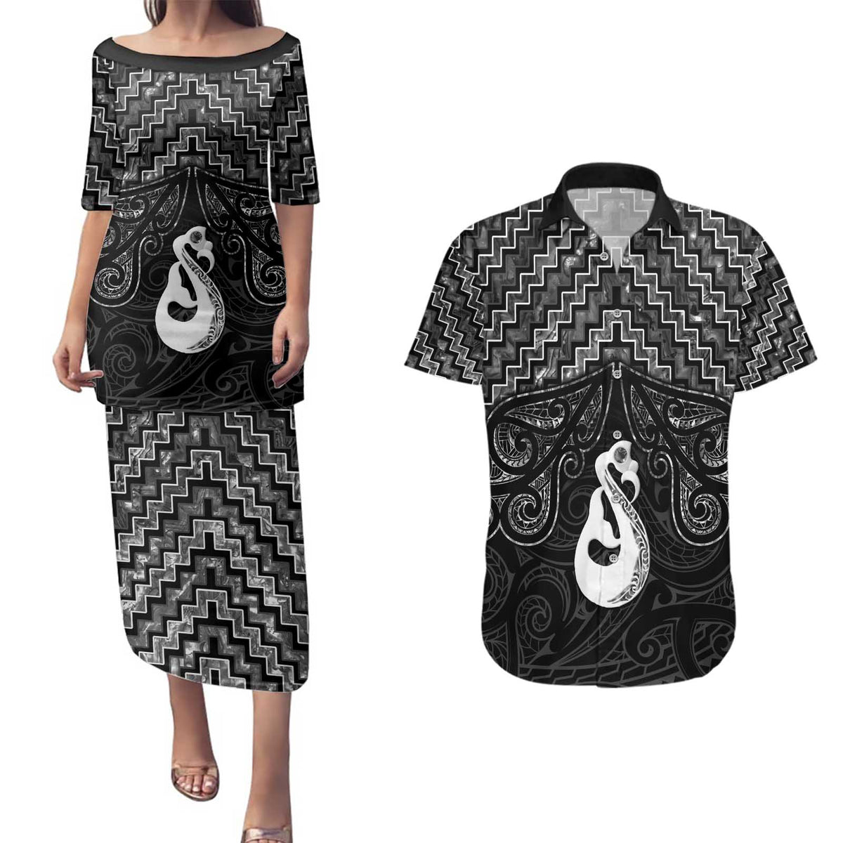 New Zealand Maori Couples Matching Puletasi and Hawaiian Shirt Poutama Manaia Black Paua Shell LT05 Black - Polynesian Pride