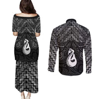 New Zealand Maori Couples Matching Puletasi and Long Sleeve Button Shirt Poutama Manaia Black Paua Shell LT05 - Polynesian Pride