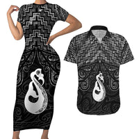 New Zealand Maori Couples Matching Short Sleeve Bodycon Dress and Hawaiian Shirt Poutama Manaia Black Paua Shell LT05 Black - Polynesian Pride