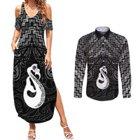 New Zealand Maori Couples Matching Summer Maxi Dress and Long Sleeve Button Shirt Poutama Manaia Black Paua Shell LT05 Black - Polynesian Pride