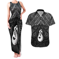 New Zealand Maori Couples Matching Tank Maxi Dress and Hawaiian Shirt Poutama Manaia Black Paua Shell LT05 Black - Polynesian Pride