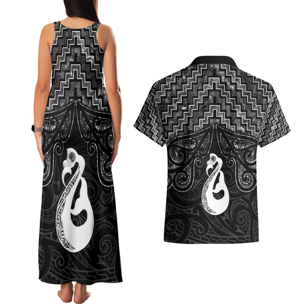 New Zealand Maori Couples Matching Tank Maxi Dress and Hawaiian Shirt Poutama Manaia Black Paua Shell LT05 - Polynesian Pride