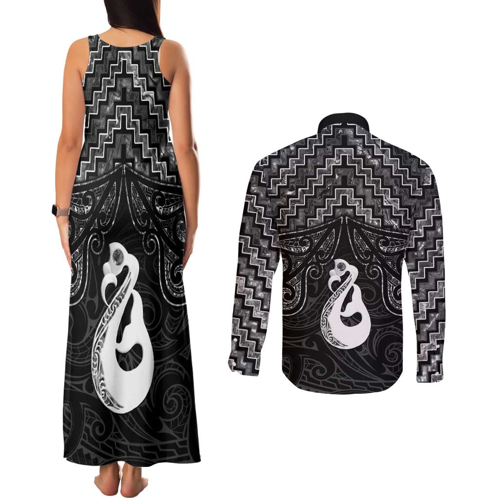 New Zealand Maori Couples Matching Tank Maxi Dress and Long Sleeve Button Shirt Poutama Manaia Black Paua Shell LT05 - Polynesian Pride