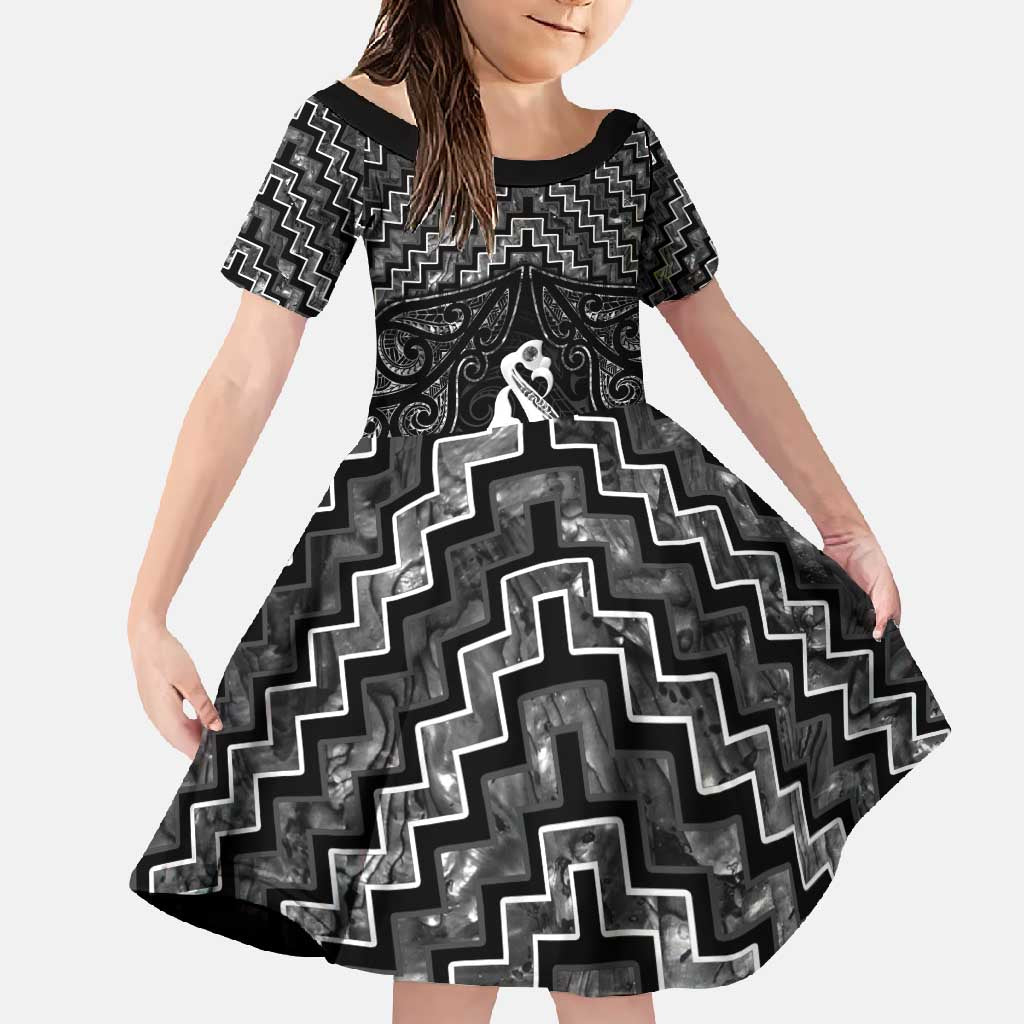 New Zealand Maori Family Matching Long Sleeve Bodycon Dress and Hawaiian Shirt Poutama Manaia Black Paua Shell LT05 Daughter's Dress Black - Polynesian Pride