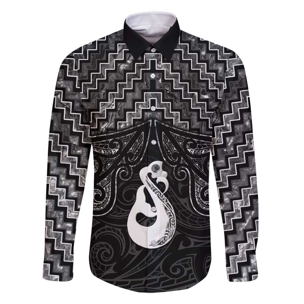 New Zealand Maori Family Matching Long Sleeve Bodycon Dress and Hawaiian Shirt Poutama Manaia Black Paua Shell LT05 Dad's Shirt - Long Sleeve Black - Polynesian Pride