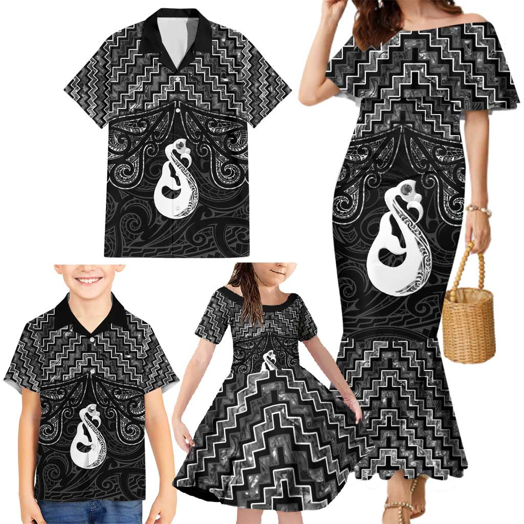 New Zealand Maori Family Matching Mermaid Dress and Hawaiian Shirt Poutama Manaia Black Paua Shell LT05 - Polynesian Pride