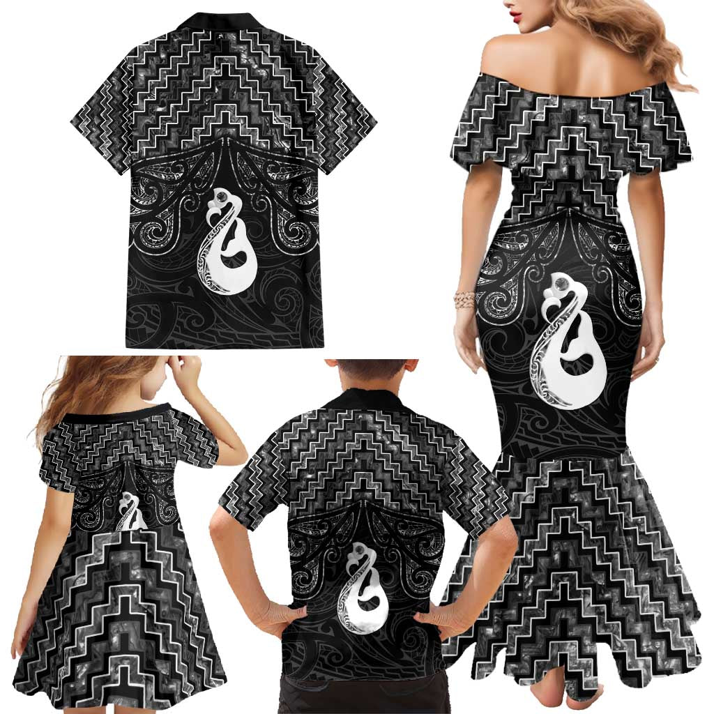New Zealand Maori Family Matching Mermaid Dress and Hawaiian Shirt Poutama Manaia Black Paua Shell LT05 - Polynesian Pride