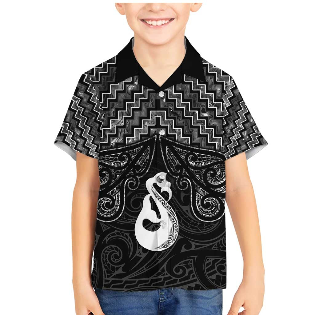 New Zealand Maori Family Matching Mermaid Dress and Hawaiian Shirt Poutama Manaia Black Paua Shell LT05 Son's Shirt Black - Polynesian Pride