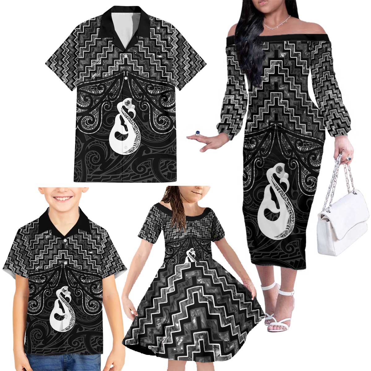 New Zealand Maori Family Matching Off The Shoulder Long Sleeve Dress and Hawaiian Shirt Poutama Manaia Black Paua Shell LT05 - Polynesian Pride