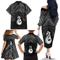 New Zealand Maori Family Matching Off The Shoulder Long Sleeve Dress and Hawaiian Shirt Poutama Manaia Black Paua Shell LT05 - Polynesian Pride